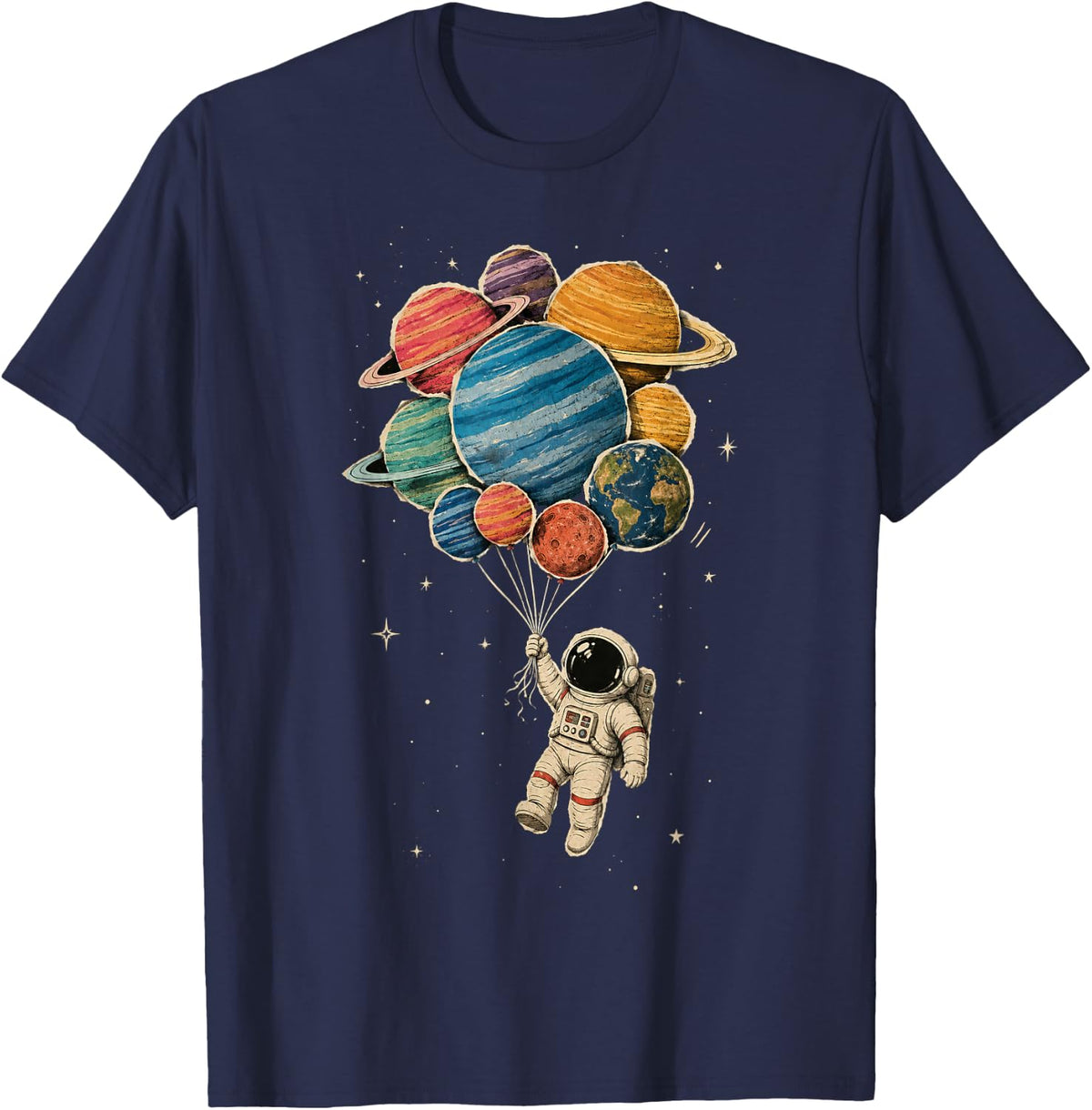 Vintage Space Theme - Astronaut Planet Balloons Space T-Shirt - Navy Blue