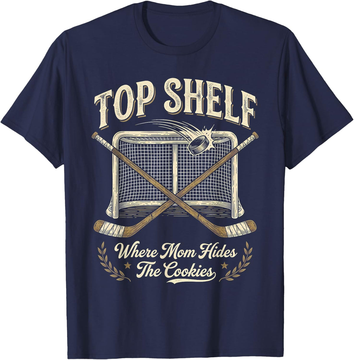 Top Shelf Where Mom Hides the Cookies Ice Hockey T-Shirt - Navy Blue