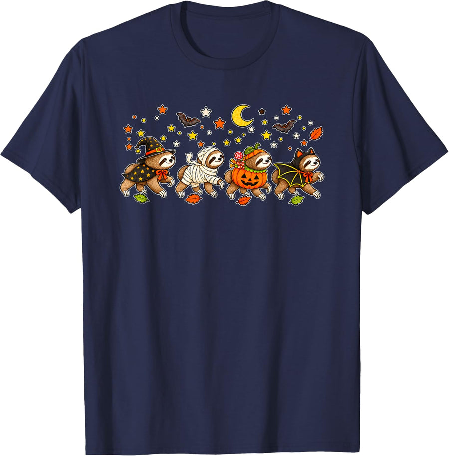 Cute Halloween Sloths Witch Mummy Pumpkin Bat T-Shirt - Navy Blue