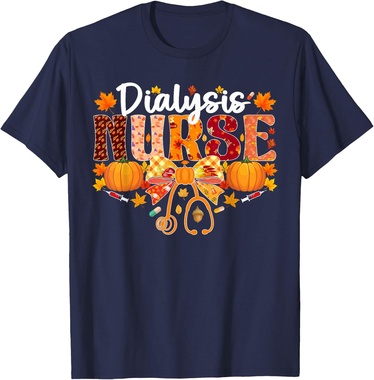 Dialysis Nurse Thanksgiving Fall Autumn Pumpkin Nursing T-Shirt - Navy Blue