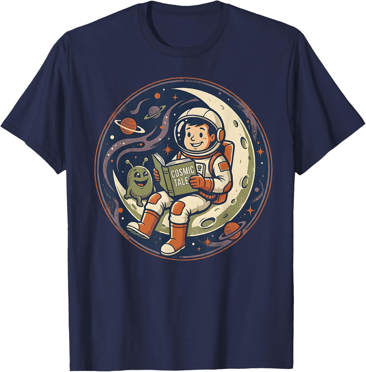 Astronaut Reading Alien Novelty Sci-Fi Graphic Space T-Shirt - Navy Blue