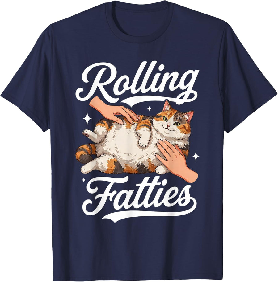 Rolling Fatties Funny Chubby Calico Cat Lover Fat Cat Mom T-Shirt - Navy Blue