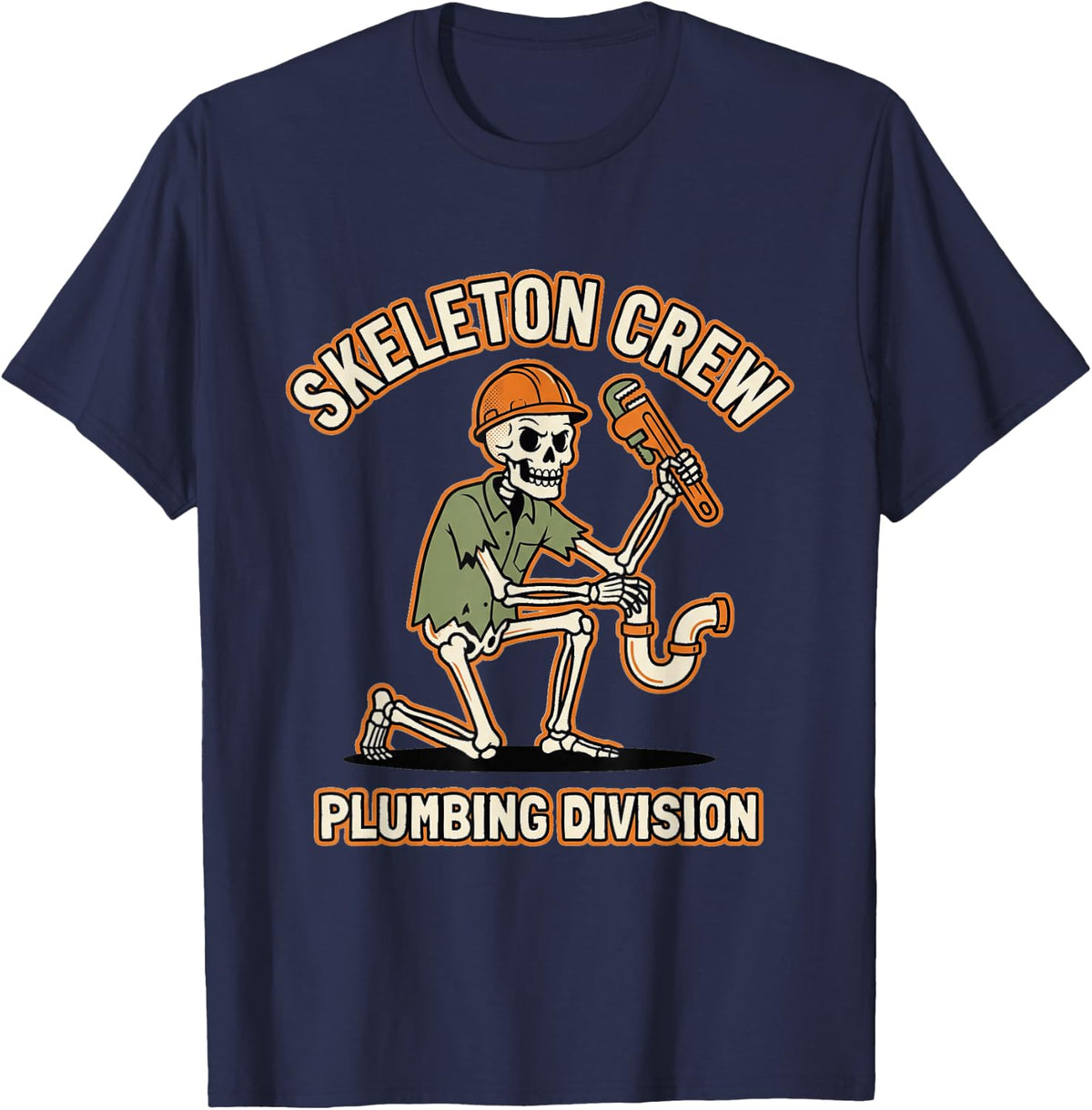 Skeleton Crew Plumbing Division Funny Plumber Humor Logo T-Shirt - Navy Blue
