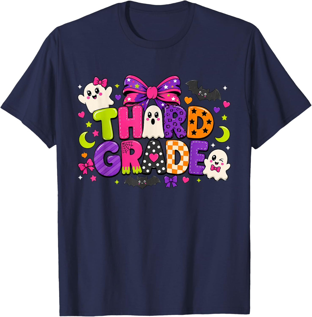 3rd Grade Halloween Teacher Ghost Coquette Bow Third Grade T-Shirt - Navy Blue