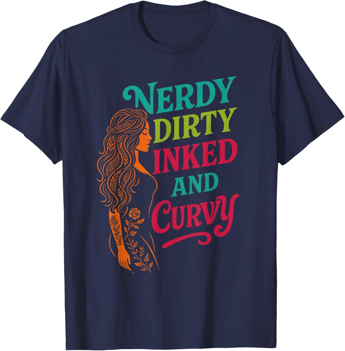 Nerdy Dirty Inked and Curvy - Tattooed Bookish Love T-Shirt - Navy Blue