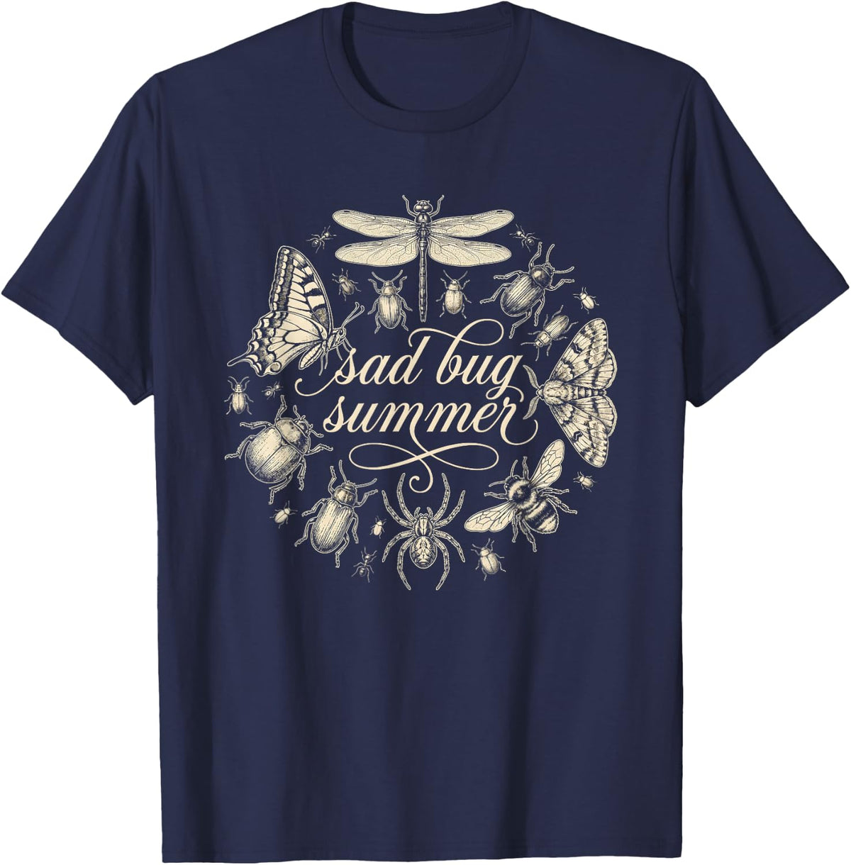Sad Bug Summer Vintage Insect Entomology T-Shirt - Navy Blue