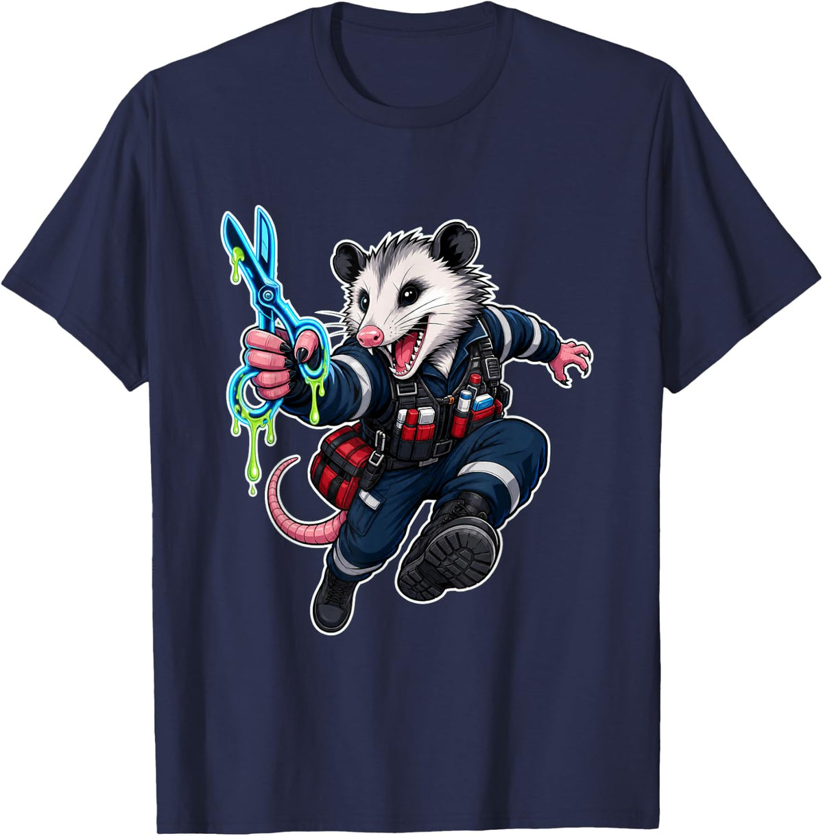 EMT Paramedic Trauma Shears Opossum Emergency Crew Graphic T-Shirt - Navy Blue