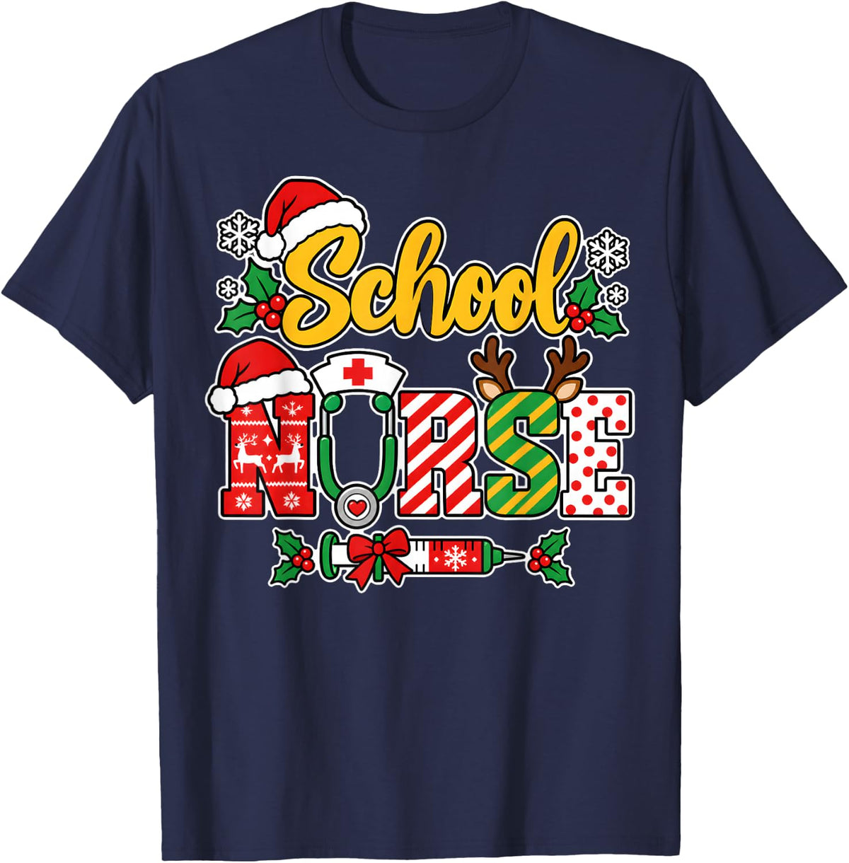 School Nurse Christmas Stethoscope Bow Santa Xmas T-Shirt - Navy Blue