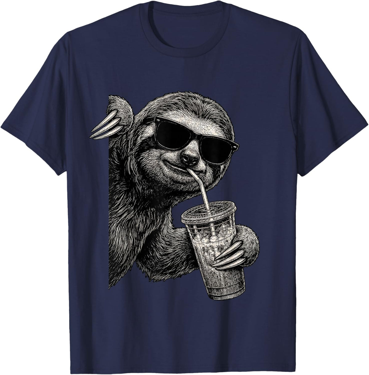 Funny Sloth Peeking Drinking Iced Coffee Humor T-Shirt - Navy Blue