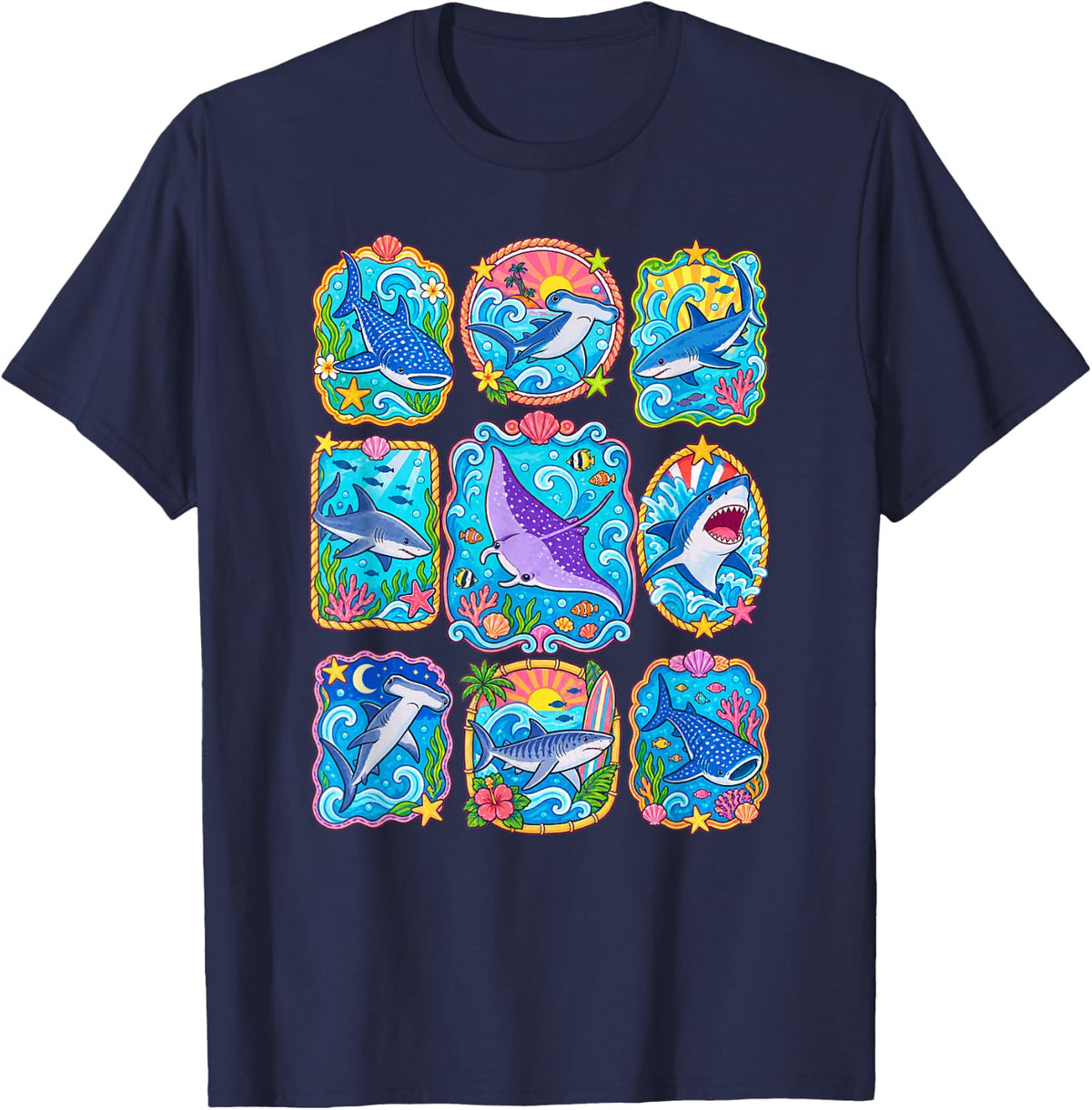 Ocean Sharks Whales Beach Vacation T-Shirt - Navy Blue