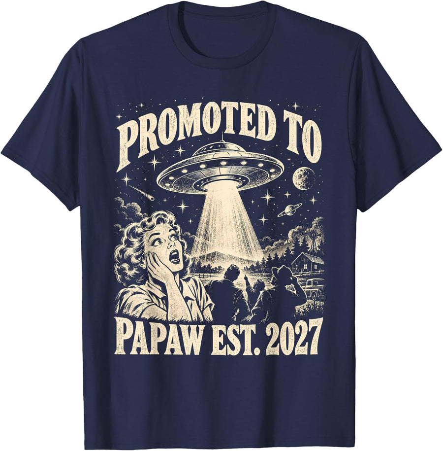 Promoted to Papaw Est 2027 UFO Vintage T-Shirt - Navy Blue