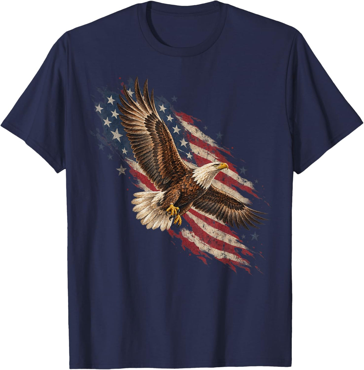 Bald Eagle Swooping Over American Flag Wildlife T-Shirt - Navy Blue
