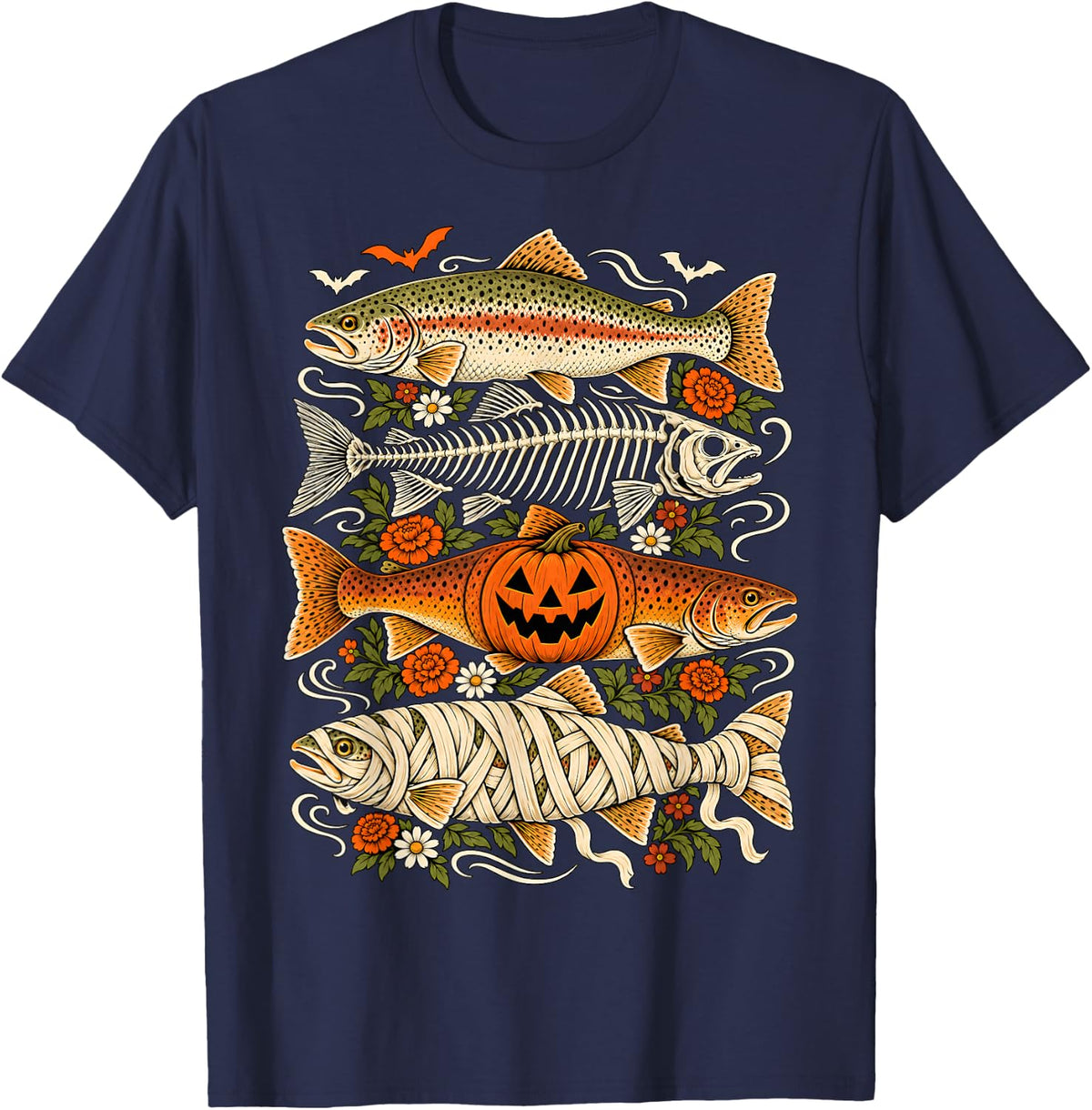 Trout Fish Pumpkin Skeleton Halloween Angler Fishing T-Shirt - Navy Blue