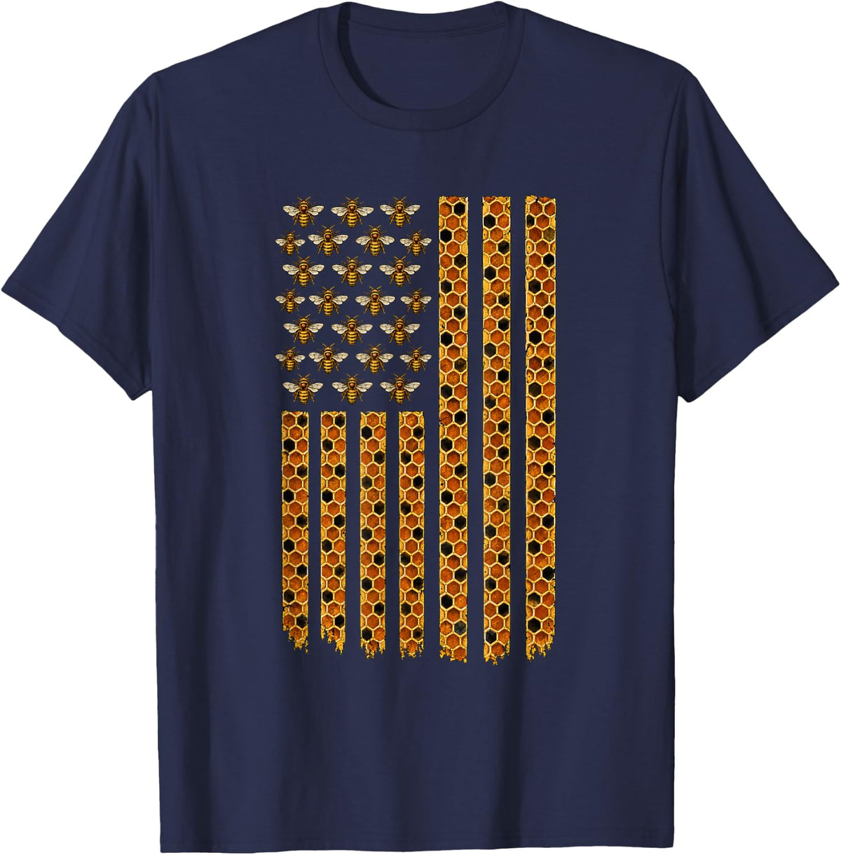 Beekeeper Honey Bees American Flag Beekeeping Honeycomb T-Shirt - Navy Blue