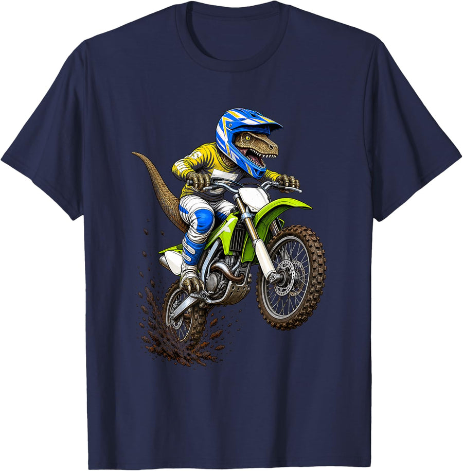 Dinosaur Motocross Velociraptor Dirt Bike Funny T-Shirt - Navy Blue