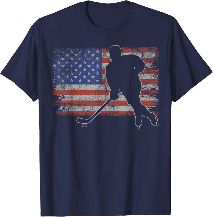 Ice Hockey Retro USA Flag Tees T Shirts for Men Women Kids 4th of July Hockey Shirt - Navy Blue