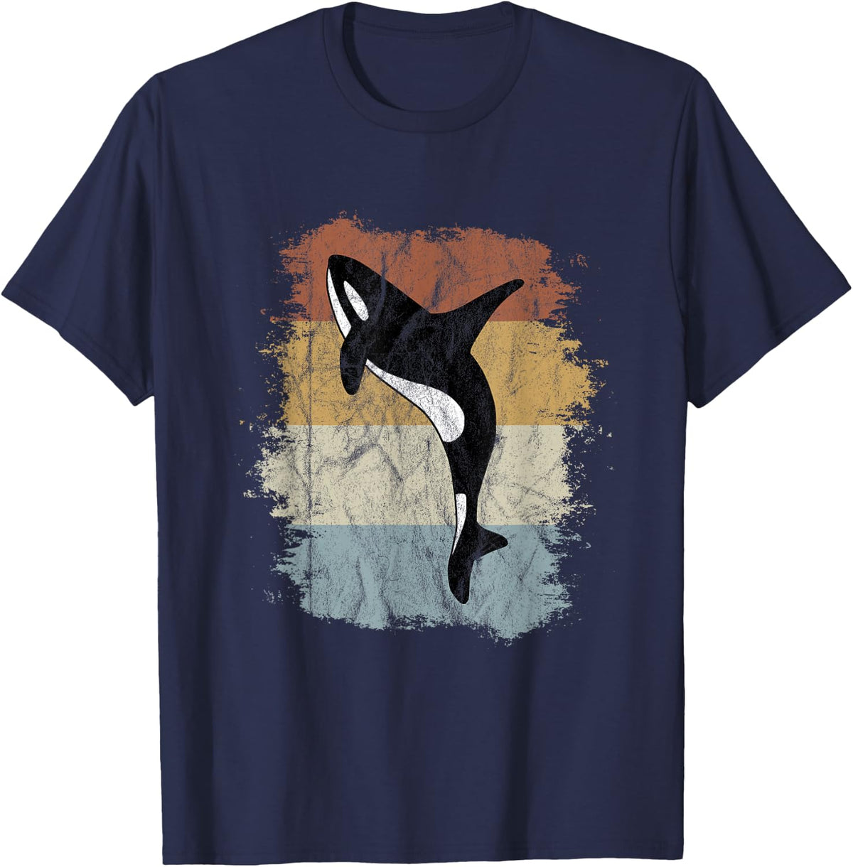 Vintage Underwater Art 80s Retro Orca Whale Silhouette T-Shirt - Navy Blue