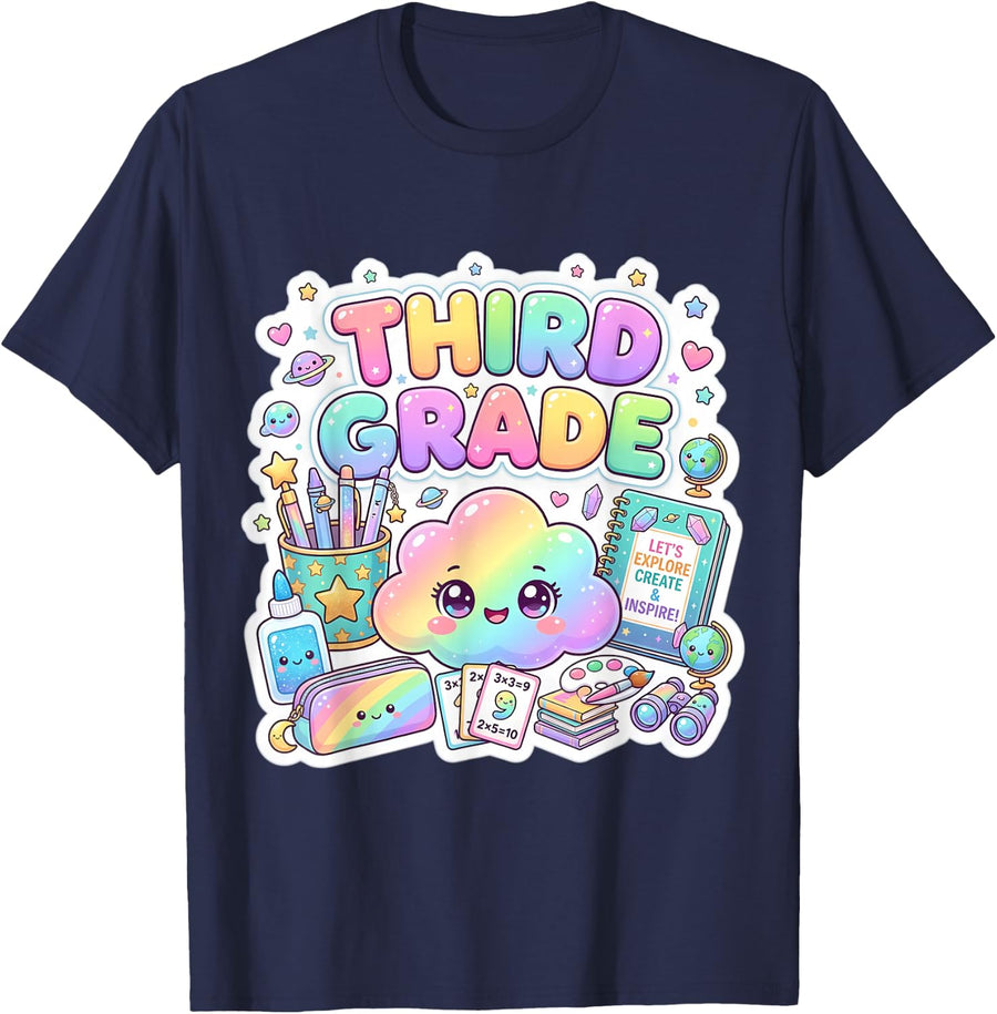 Cute 3rd Third Grade Back to School Cloud Girl Teacher Class T-Shirt - Navy Blue