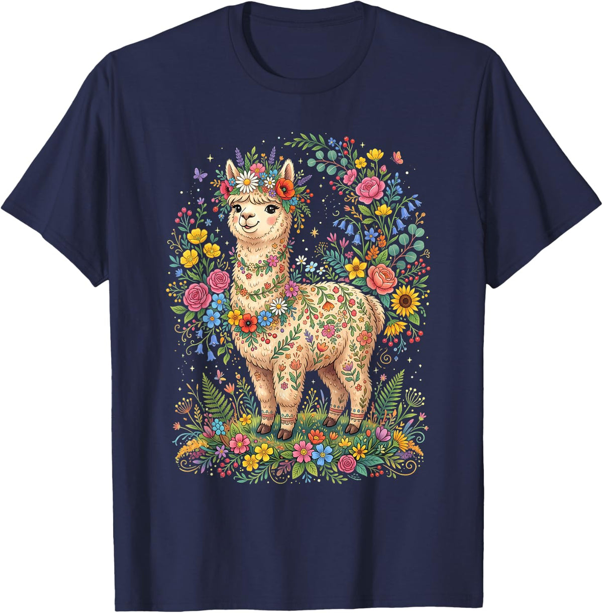 Alpaca Flowers T-Shirt - Navy Blue