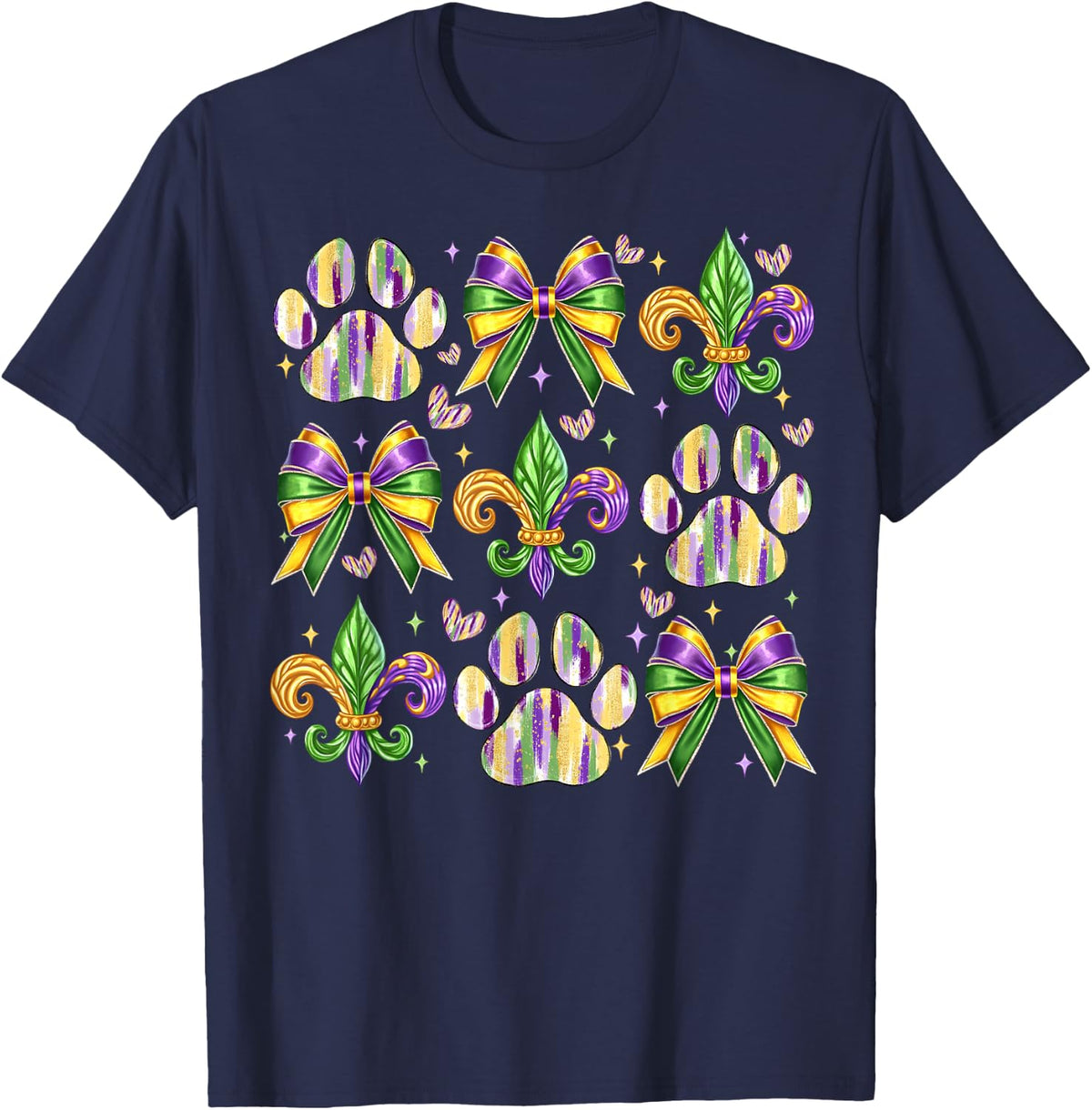 Cute Coquette Bow Dog Paws Dog Lover Dog Mom Mardi Gras T-Shirt - Navy Blue