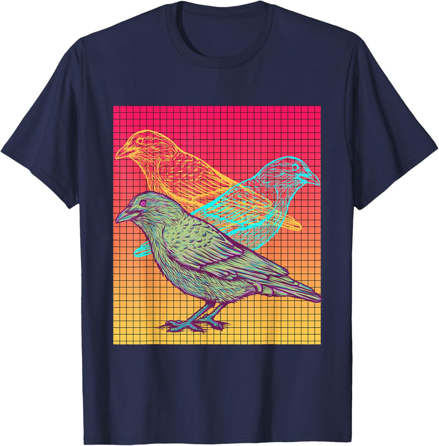 Raven Retro Vaporwave Bird Lover Aesthetic Black Crow T-Shirt - Navy Blue