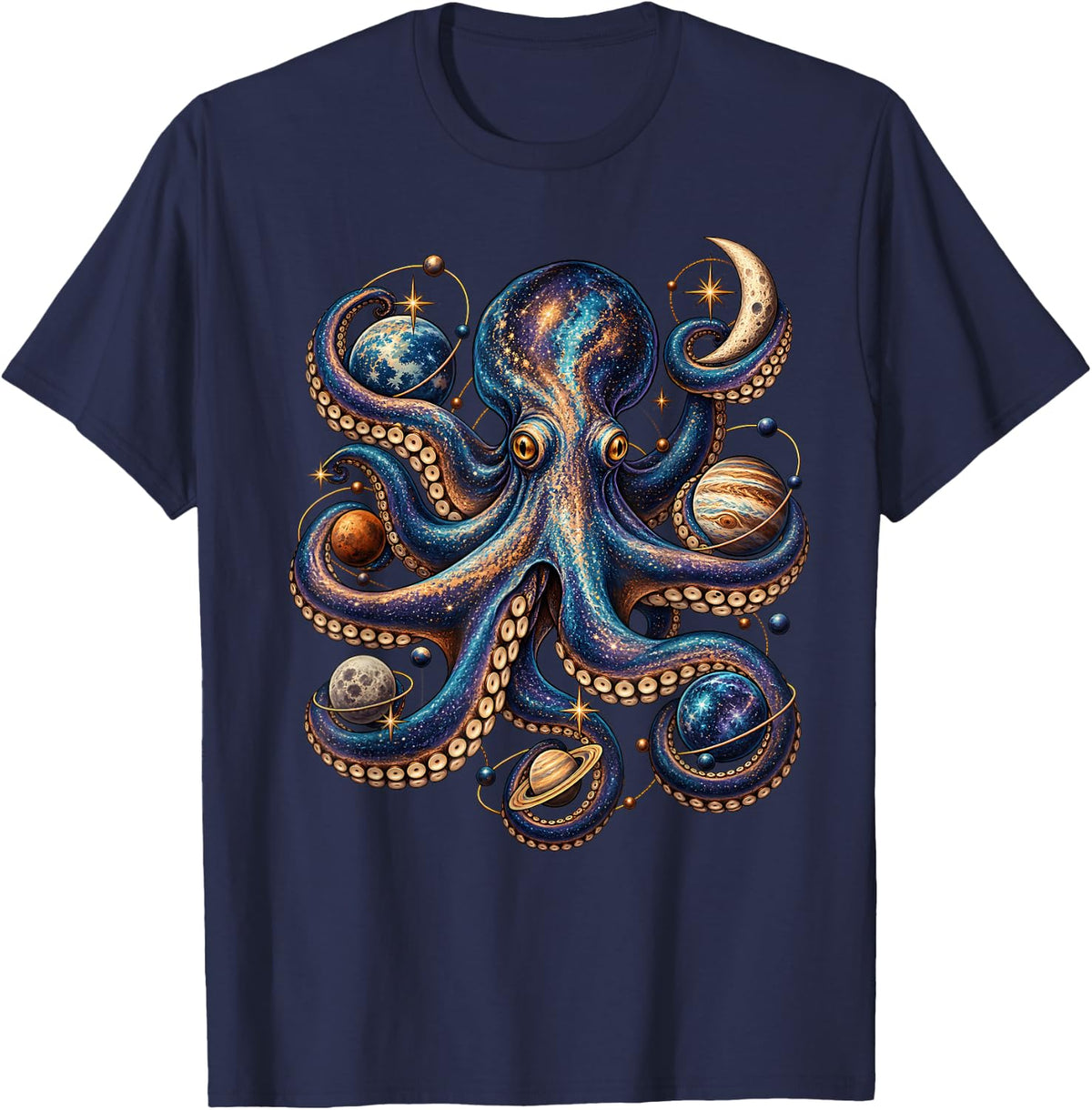 Galaxy Planet Space Octopus Ocean Animal Art T-Shirt - Navy Blue