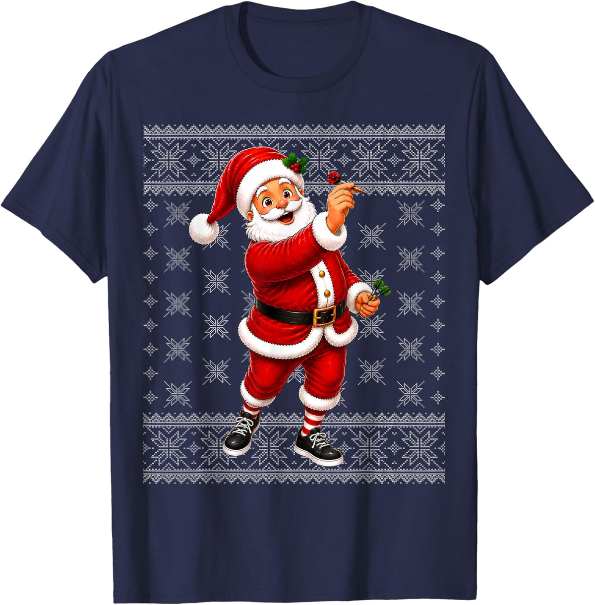 Ugly Xmas Funny Santa Playing Darts Christmas Sports T-Shirt - Navy Blue