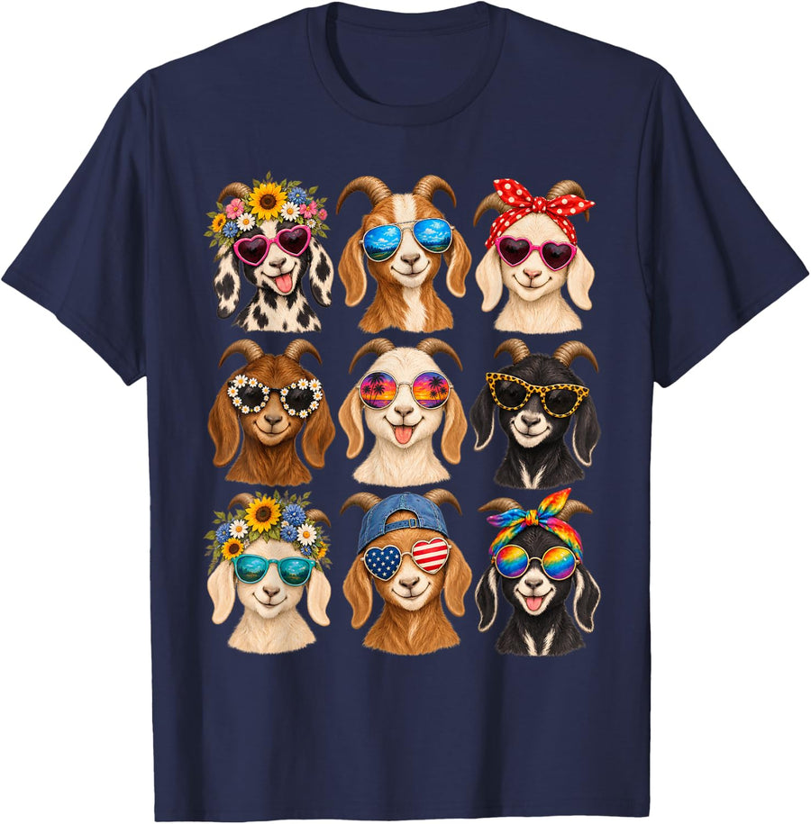 Cute Goats Sunglasses Farm Animal Goat Mom for Women Girls T-Shirt - Navy Blue