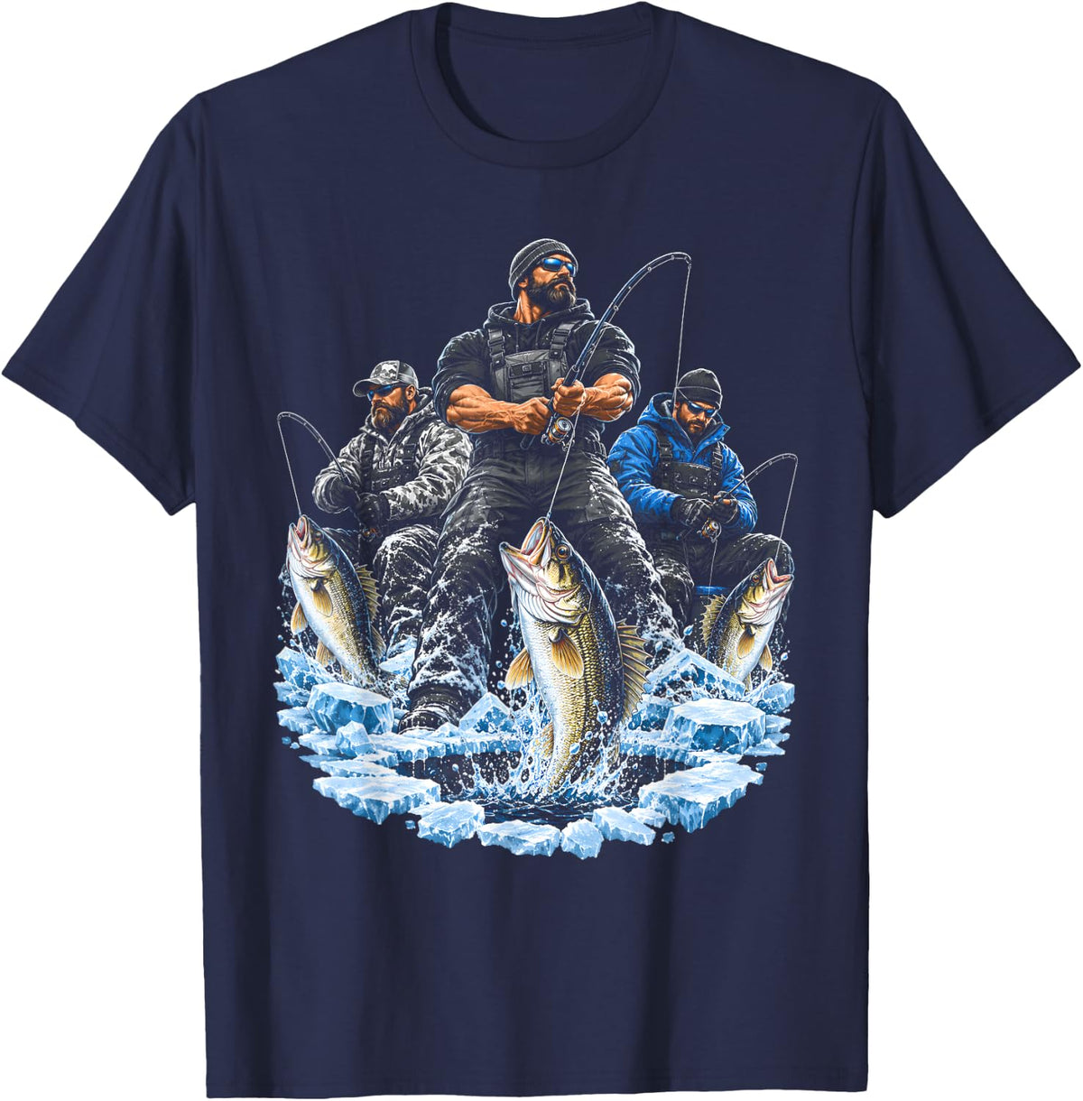 Ice Fishing Walleye Anglers Frozen Lake Fishermen T-Shirt - Navy Blue