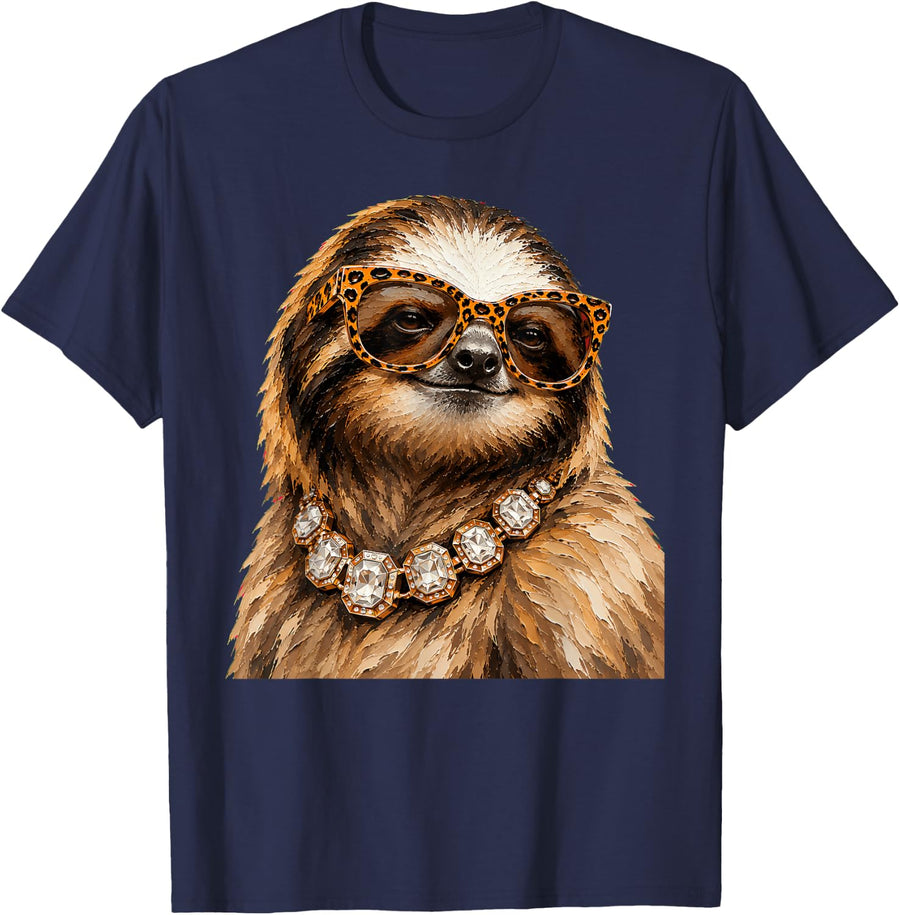 Cool Sloth Roar Leopard Sunglasses Funny Humor T-Shirt - Navy Blue