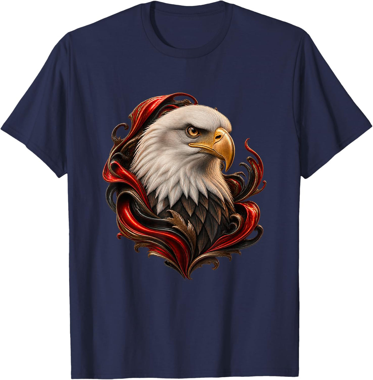 Bald Eagle with Scarlet Enamel Curves Raptor Art T-Shirt - Navy Blue