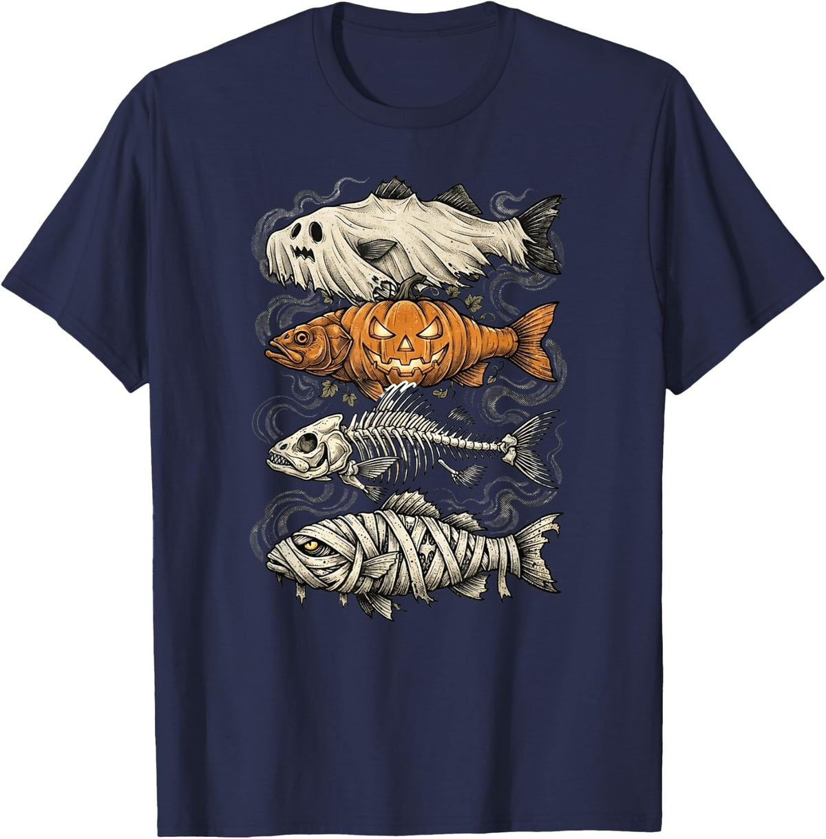 Halloween Trout Fish Ghost Pumpkin Skeleton Mummy Fishing T-Shirt - Navy Blue