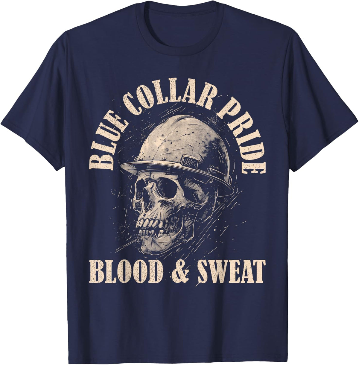 Blue Collar Pride Construction Iron Worker Skull Blue Collar T-Shirt - Navy Blue