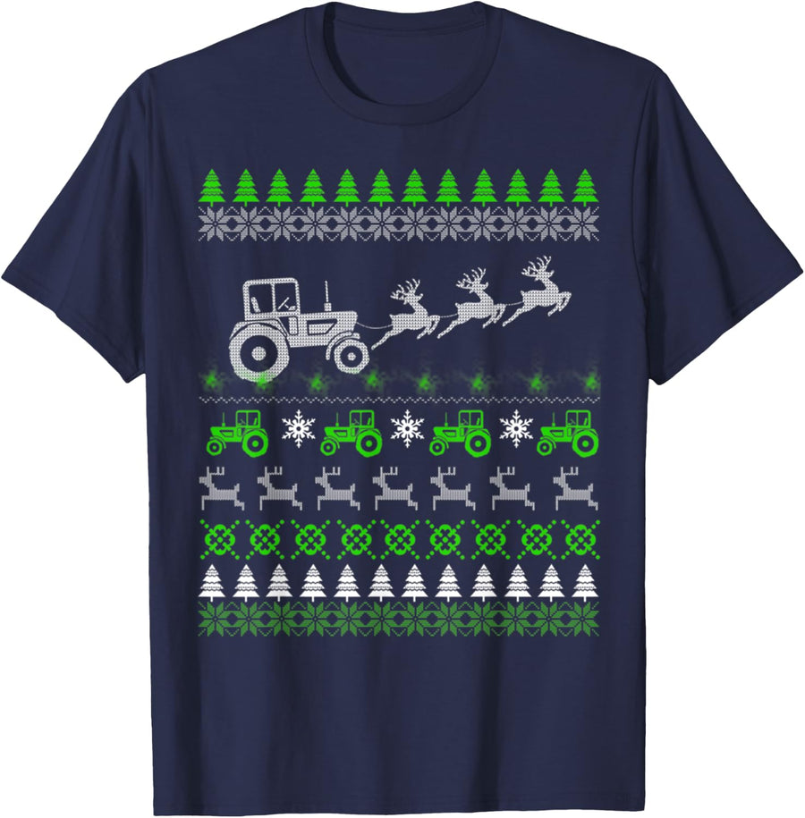 Funny Tractor Farmer Ugly Christmas Sweaters T-Shirt Tee For Men Women - Navy Blue