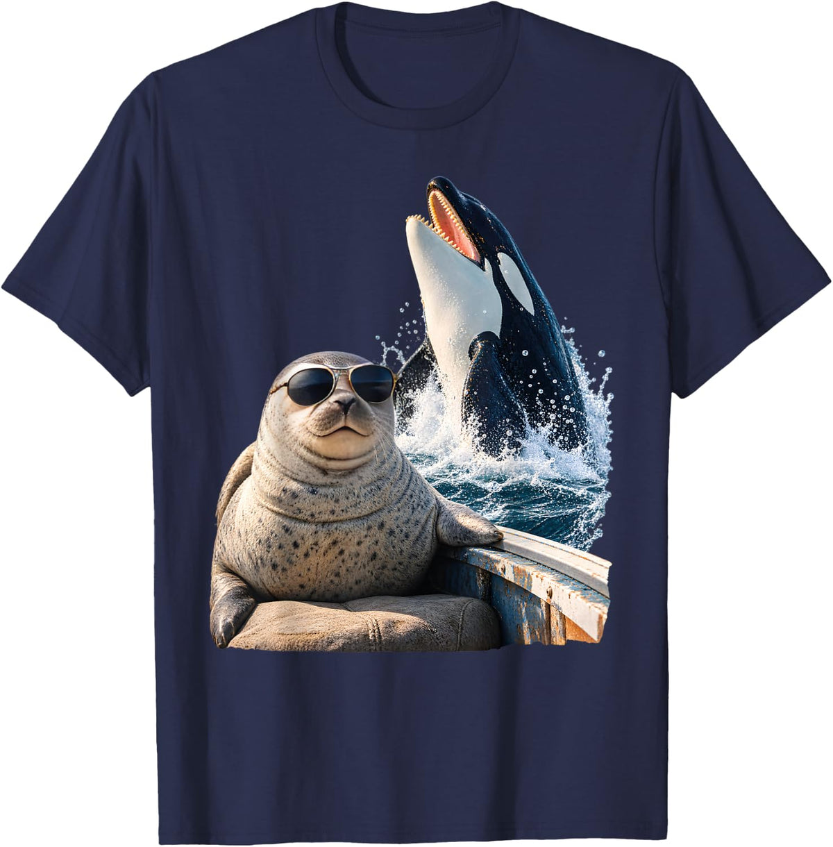 Funny Seal Aviator Sunglasses Orca Whale Ocean Humor T-Shirt - Navy Blue