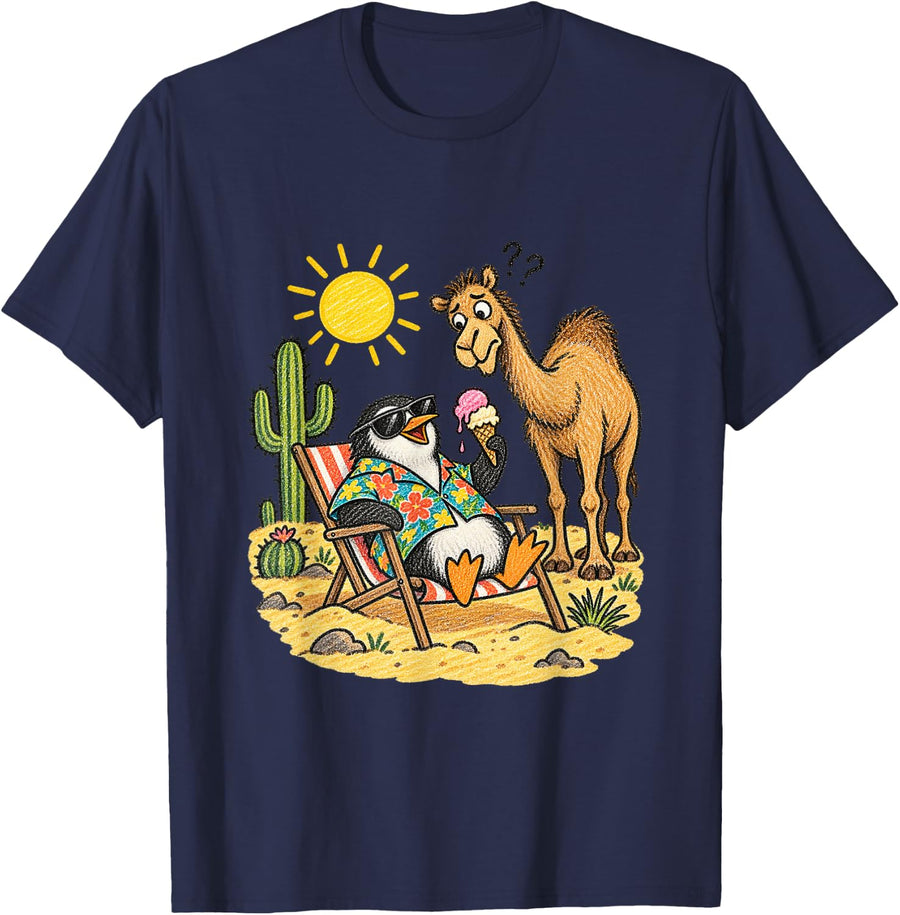 Penguin Vacationing in Desert Funny Animal Meme T-Shirt - Navy Blue