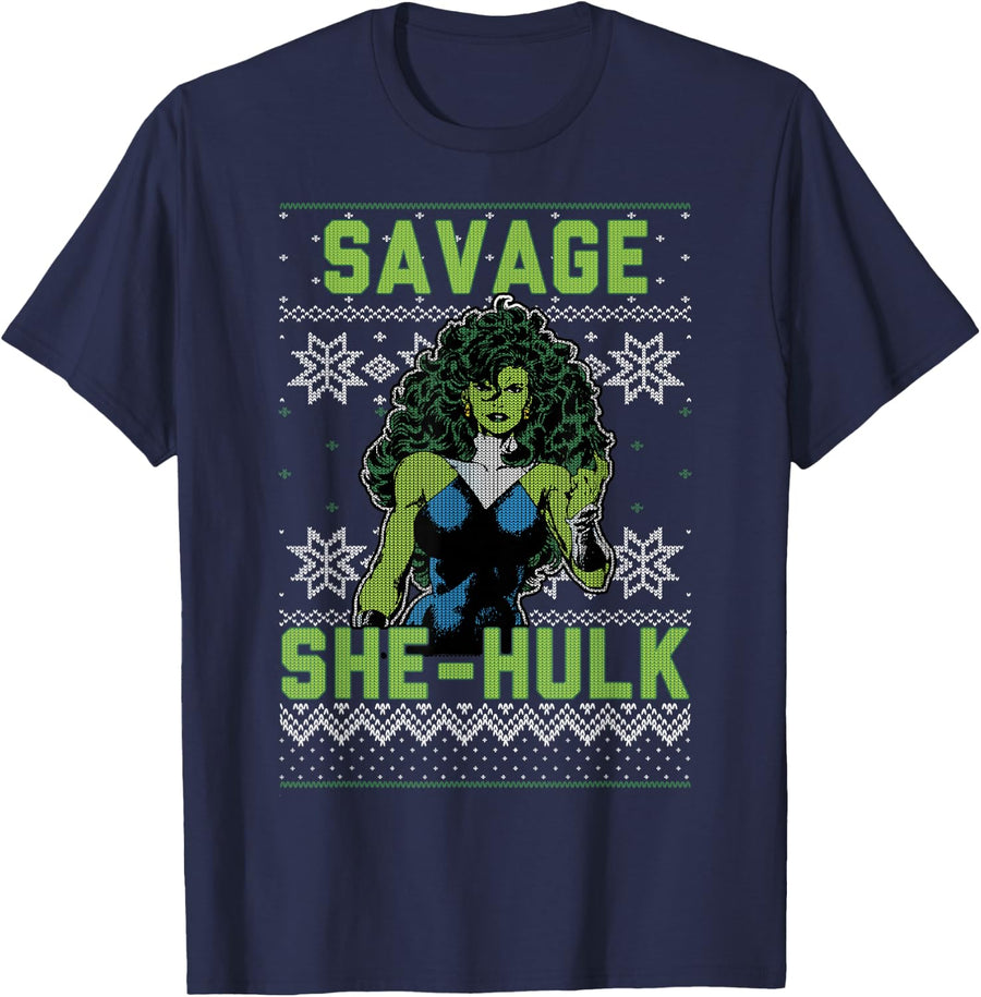 Marvel She-Hulk Savage Ugly Christmas Sweater T-Shirt - Navy Blue