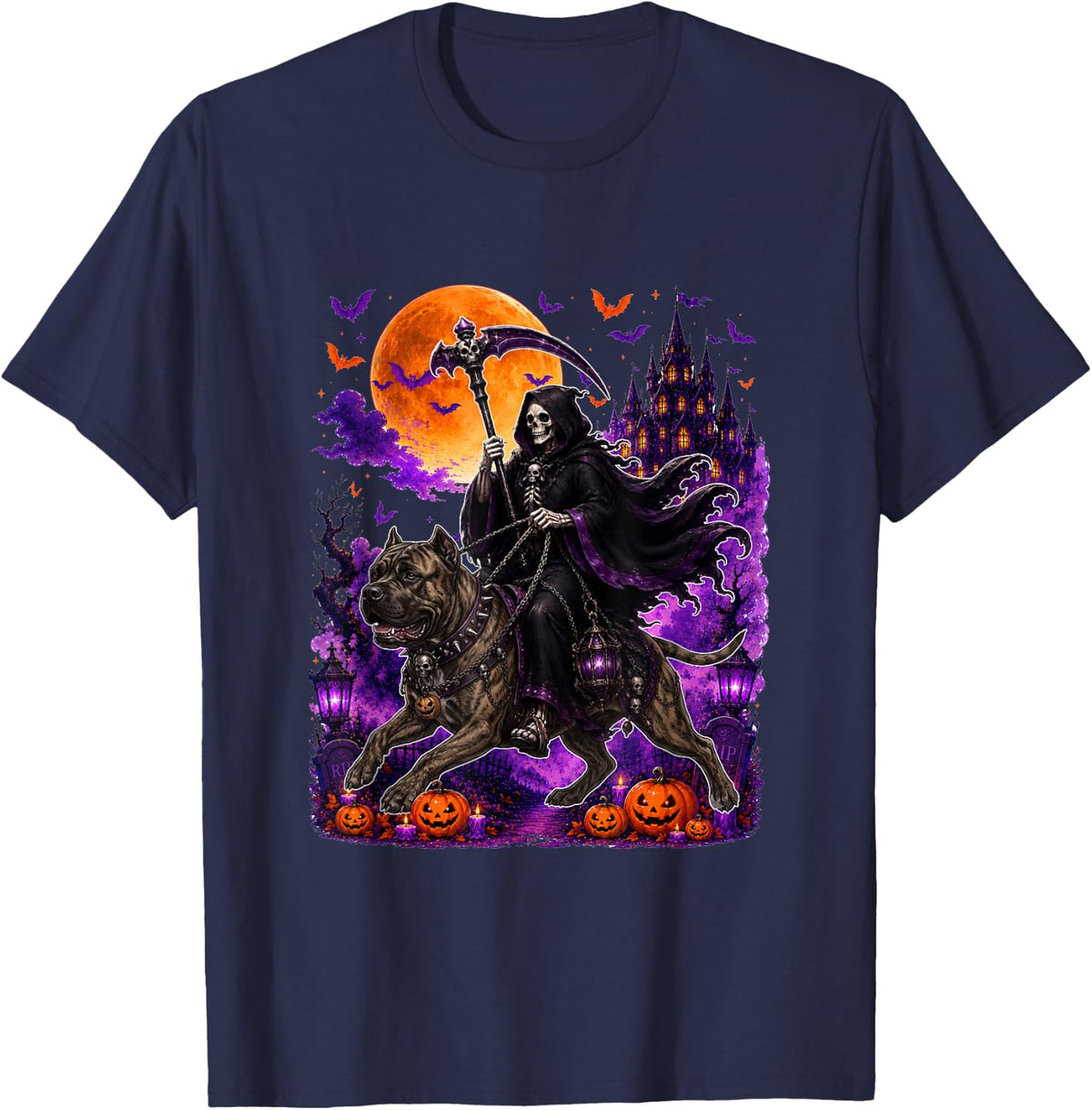 Horror Skeleton Ridding Cane Corso Halloween Costume Owner T-Shirt - Navy Blue