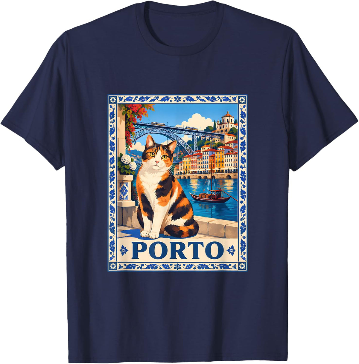 Porto Portugal Calico Cat Vintage Travel Art T-Shirt - Navy Blue