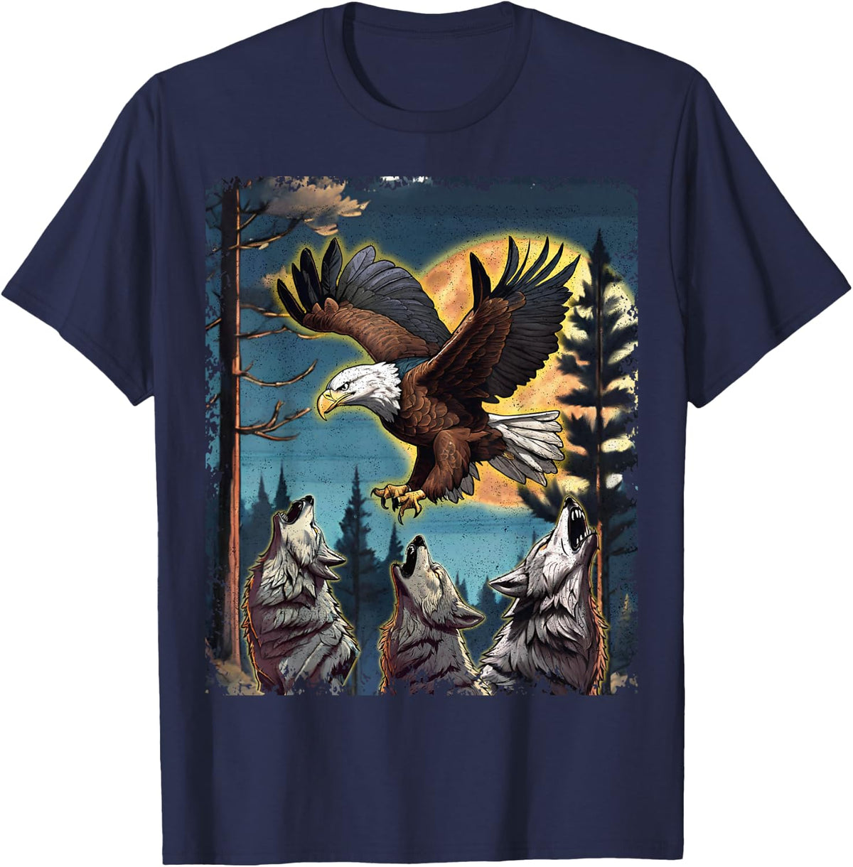 Three Wolves Howling Moon American Bald Eagle Nature Print T-Shirt - Navy Blue