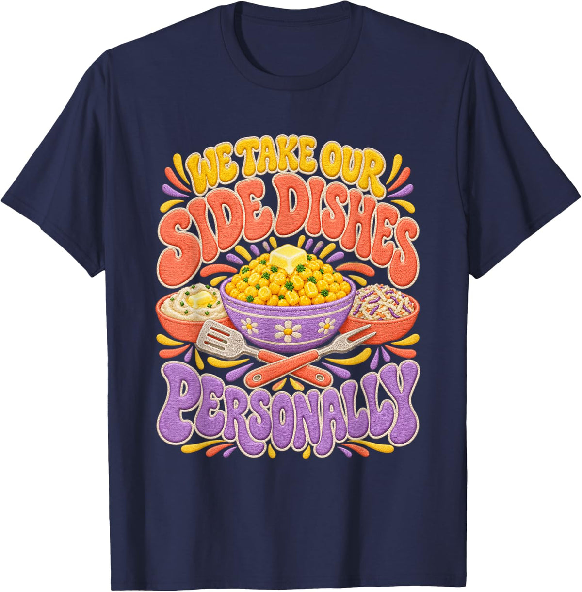 Retro Side Dishes Slogan Embroidery Style T-Shirt - Navy Blue