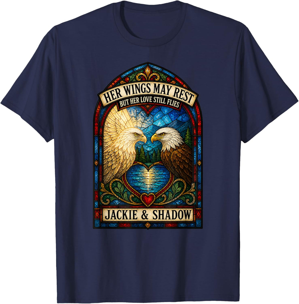 Her Wings May Rest Jackie and Shadow Bald Eagle Memorial T-Shirt - Navy Blue