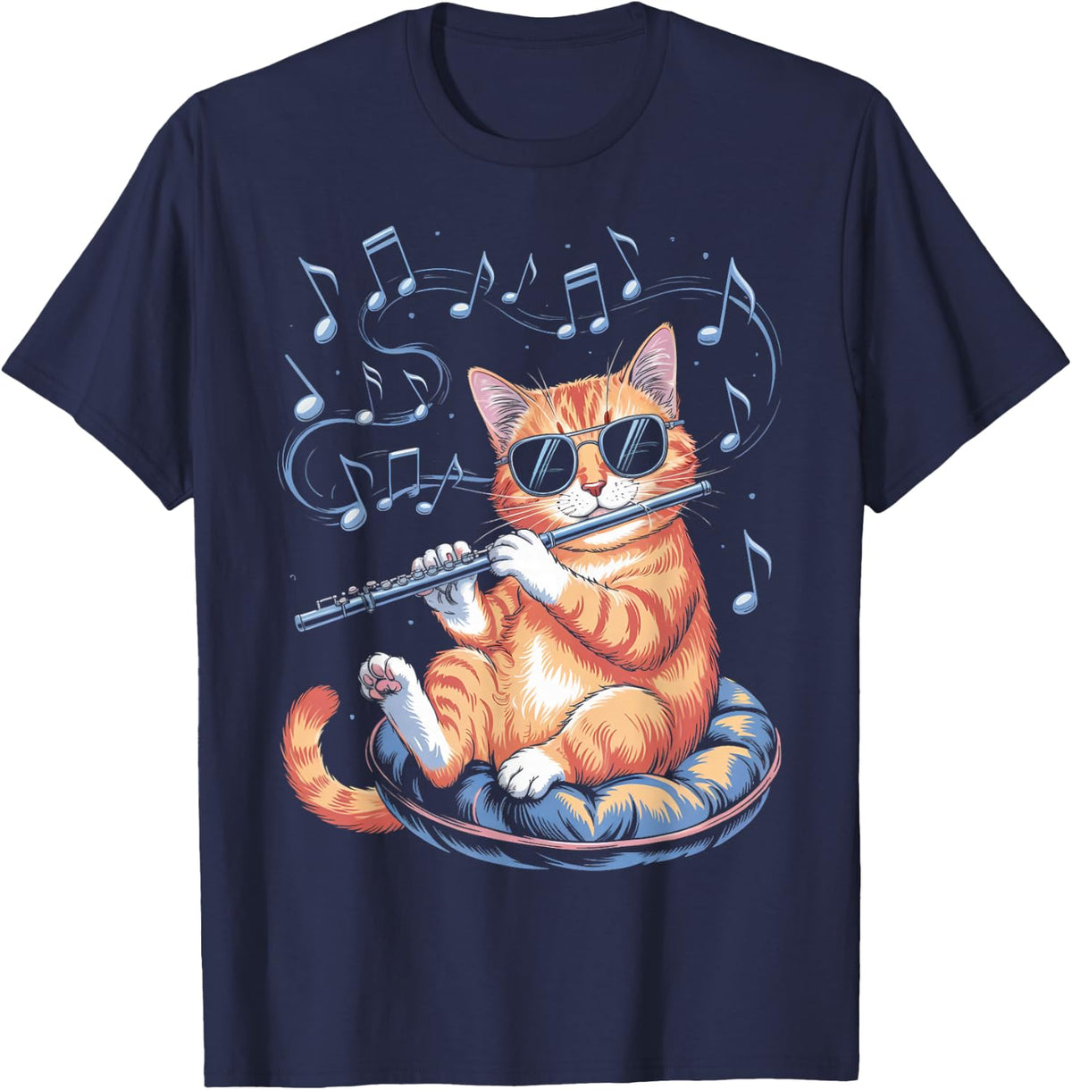 Marching Band Musician Flutist Cat Playing Flute Player T-Shirt - Navy Blue