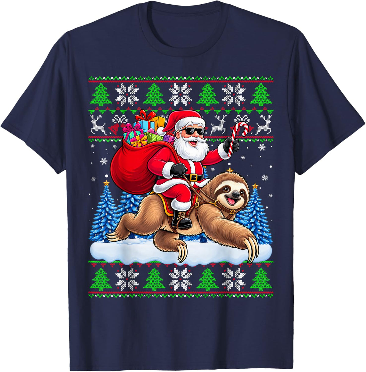 Santa Riding Sloth Animal Lovers Kids Boys Girls Xmas T-Shirt - Navy Blue