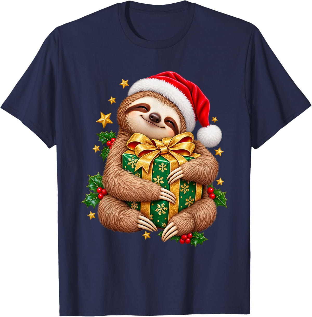 Christmas Sloth Santa Hat Gift Idea Funny T-Shirt - Navy Blue