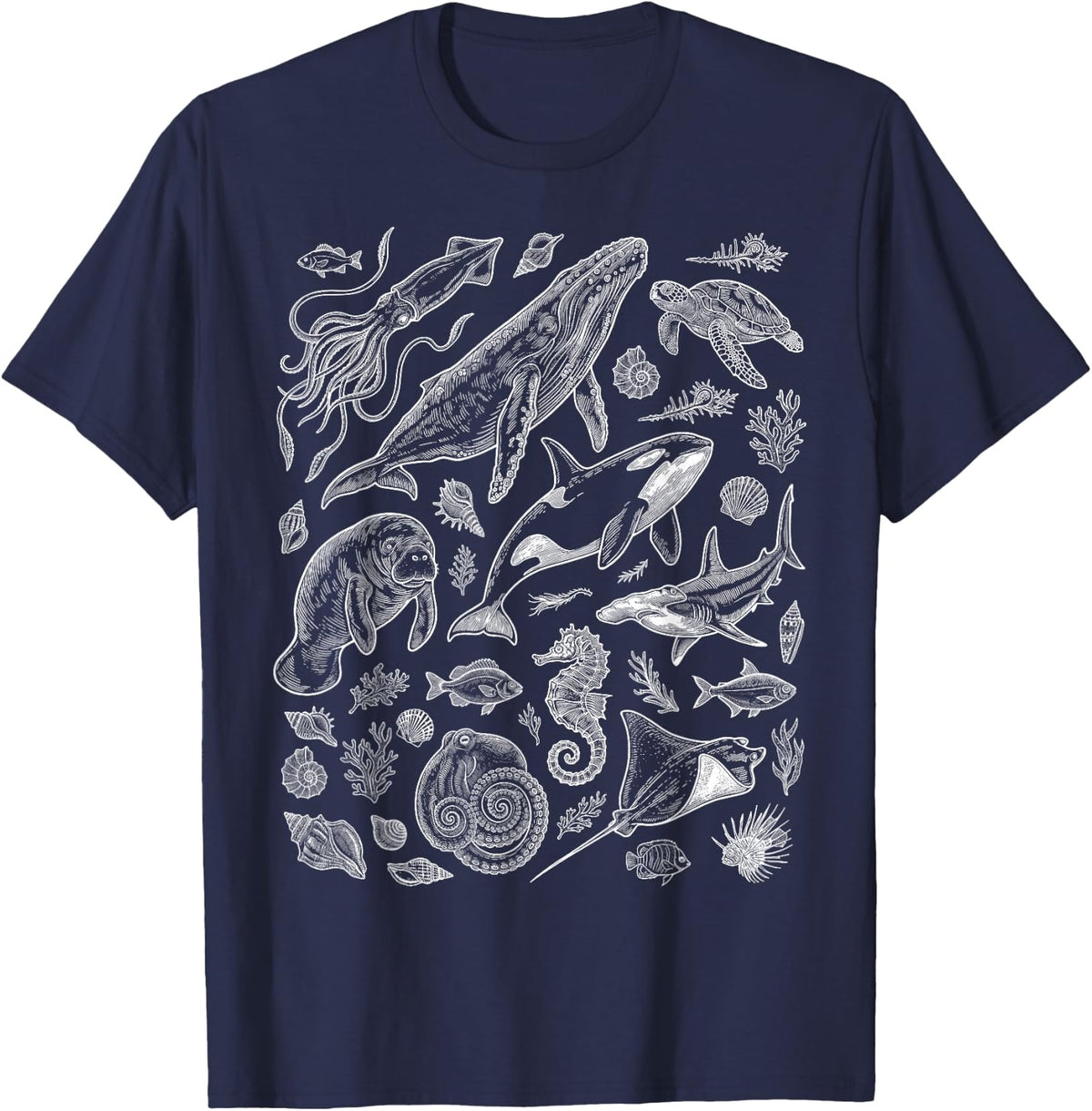 Ocean Wildlife Sea Orca Whale Squid Manatee Shark Aquatic T-Shirt - Navy Blue
