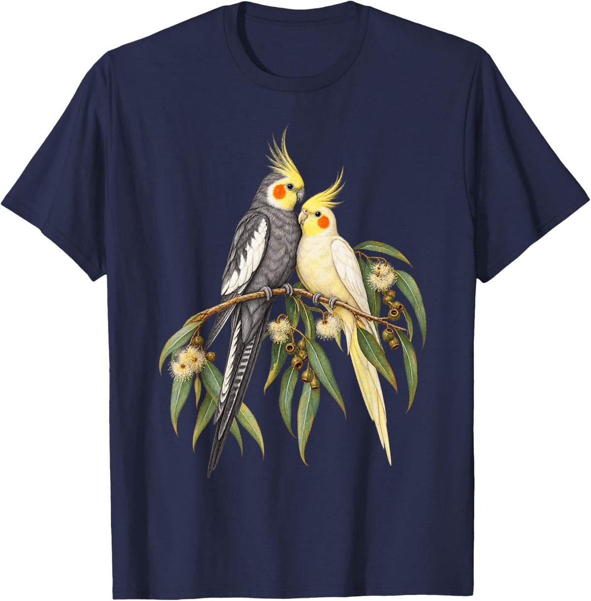 Two Cockatiels On A Eucalyptus Branch T-Shirt - Navy Blue