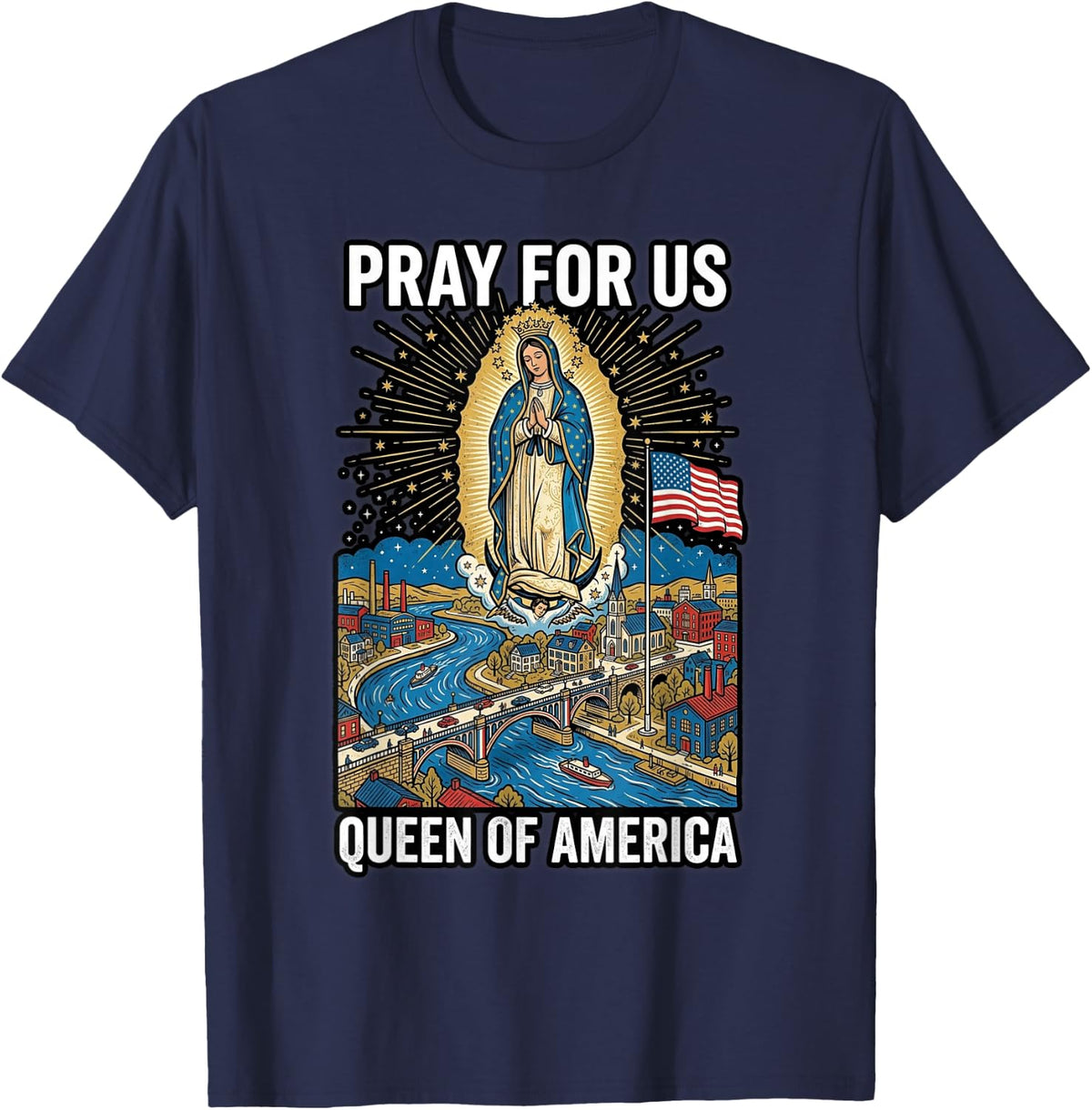 Virgin Mary Above Desert Mission Flag Bells Catholic T-Shirt - Navy Blue