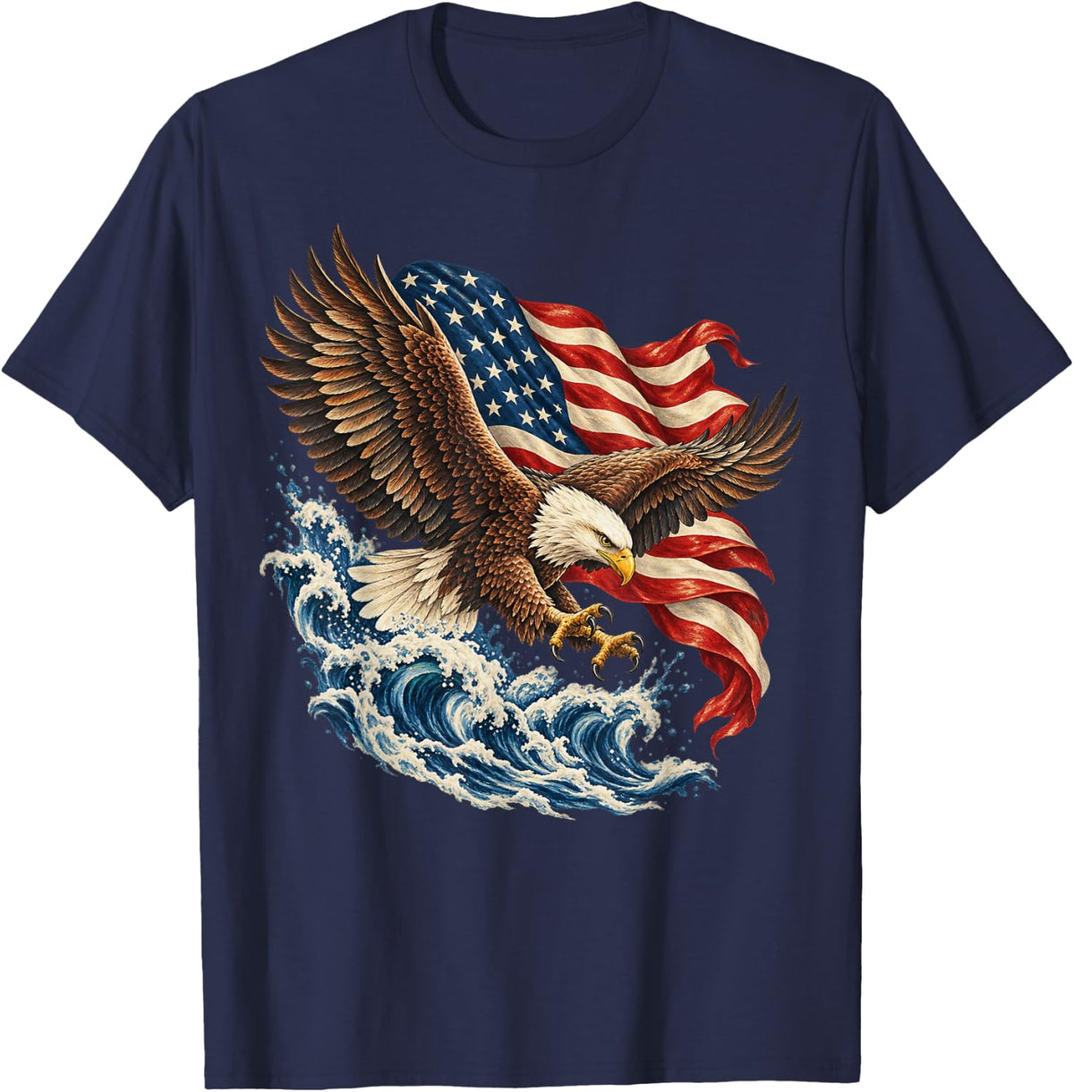 Bald Eagle in Flight with American Flag Waves T-Shirt - Navy Blue