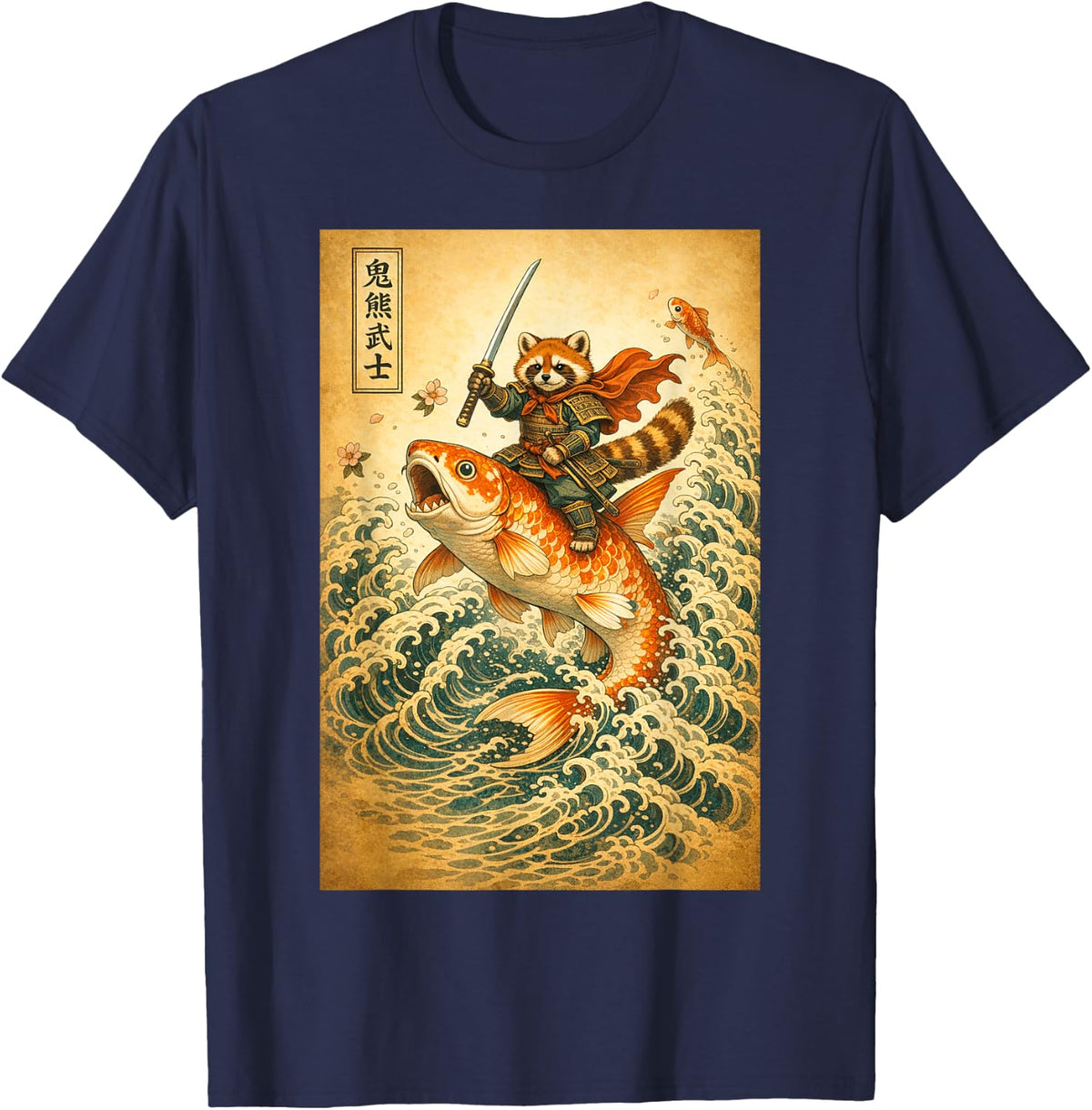 Samurai Red Panda Riding Koi Fish Japanese Animal Warrior T-Shirt - Navy Blue